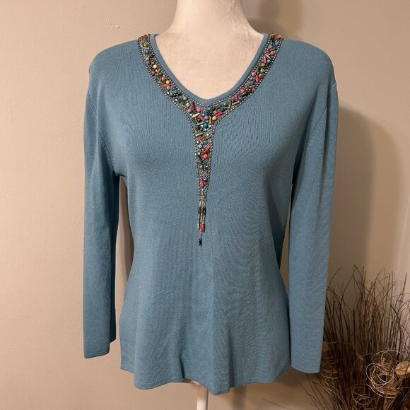 Vtg 80s GARDY Women Beaded V-Neck  Turquoise Sweater 3/4 Sleeve Stretch Sz S - Picture 1 of 6